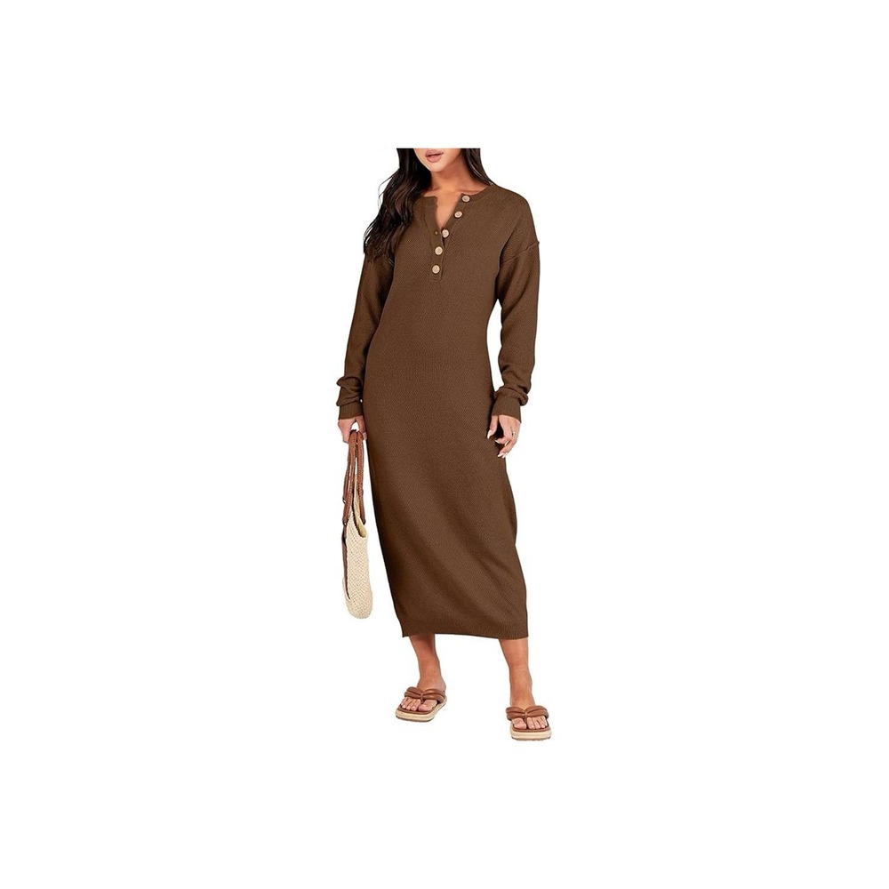 Anrabess Long Sleeve Knit Sweater Midi Dress Size Large Brown Lagenlook Modest